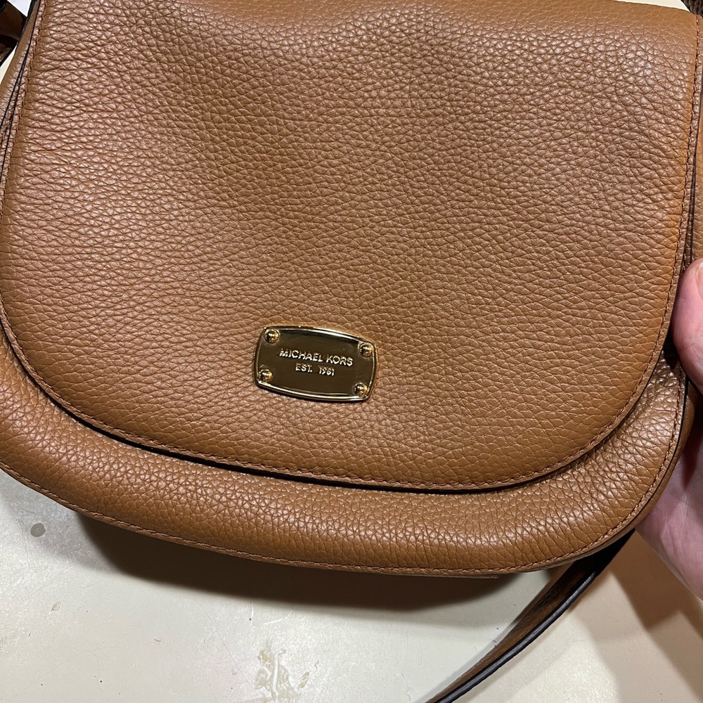 Michael Kors Brown Pebbled Leather Crossbody with Gold Plaque
